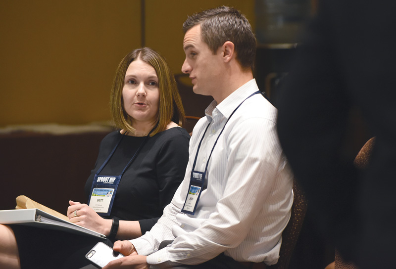 Britt Raybould and Shawn Boyle, Idaho Grower Shippers Association president and general counsel, enjoy the break between NPC meetings.